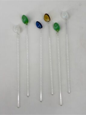 Vintage MCM Barware Glass Blown Swizzle Sticks Straws Cocktail Spoons Stir Set 6